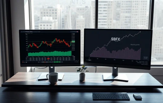 Two computer monitors showing cryptocurrency charts, with Bitcoin Cash on the left and BlockchainFX on the right.