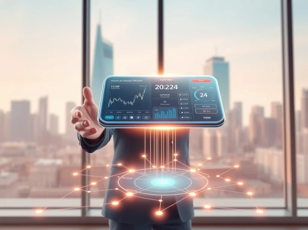 BlockchainFX super app interface displayed in a modern office, representing the top 1000x crypto presale opportunity.