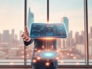 BlockchainFX super app interface displayed in a modern office, representing the top 1000x crypto presale opportunity.