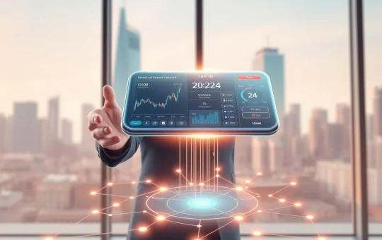 BlockchainFX super app interface displayed in a modern office, representing the top 1000x crypto presale opportunity.