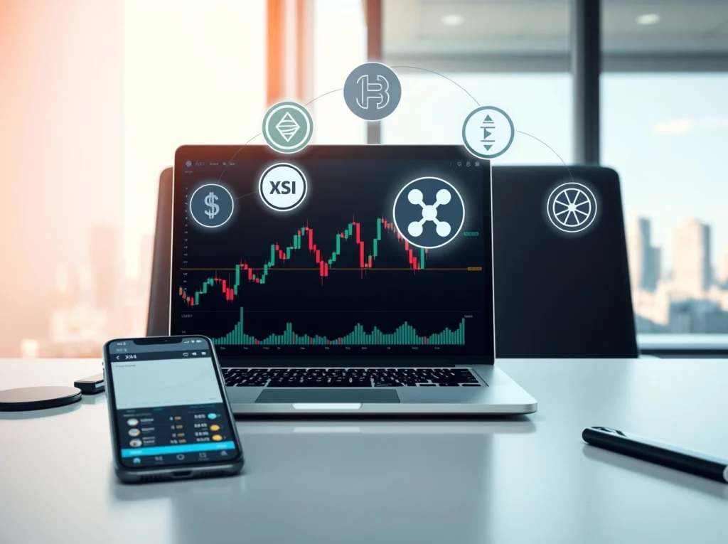 Laptop showing crypto chart with holographic icons of ADA, SUI, XRP, and a DAG symbol in a modern office setting