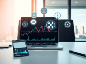 Laptop showing crypto chart with holographic icons of ADA, SUI, XRP, and a DAG symbol in a modern office setting