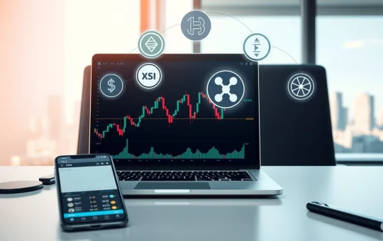 Laptop showing crypto chart with holographic icons of ADA, SUI, XRP, and a DAG symbol in a modern office setting