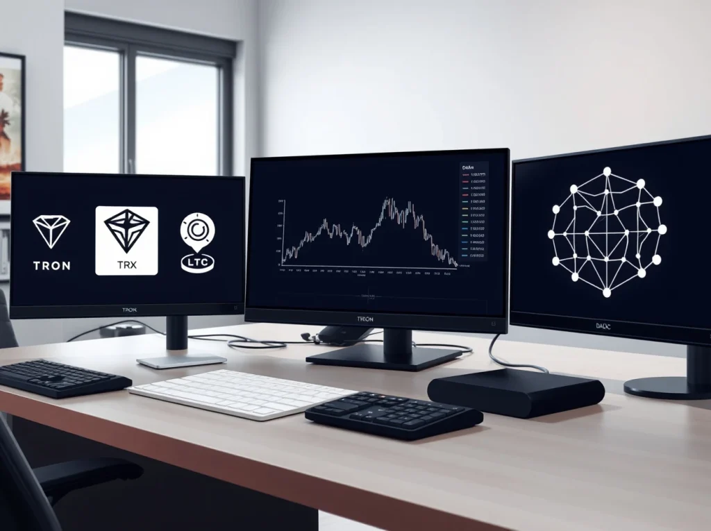 Analyst desk comparing BlockDAG's $0.000022 presale data with Tron and Litecoin market charts.