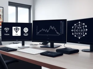 Analyst desk comparing BlockDAG's $0.000022 presale data with Tron and Litecoin market charts.