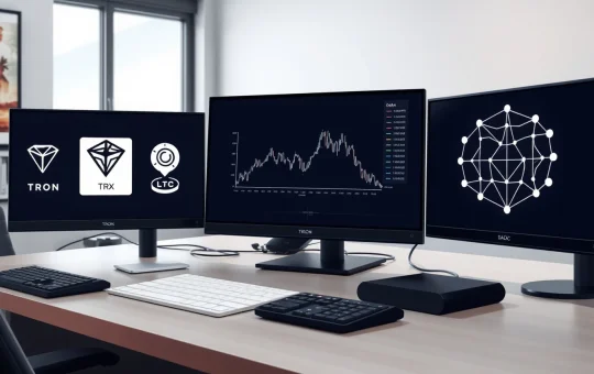 Analyst desk comparing BlockDAG's $0.000022 presale data with Tron and Litecoin market charts.