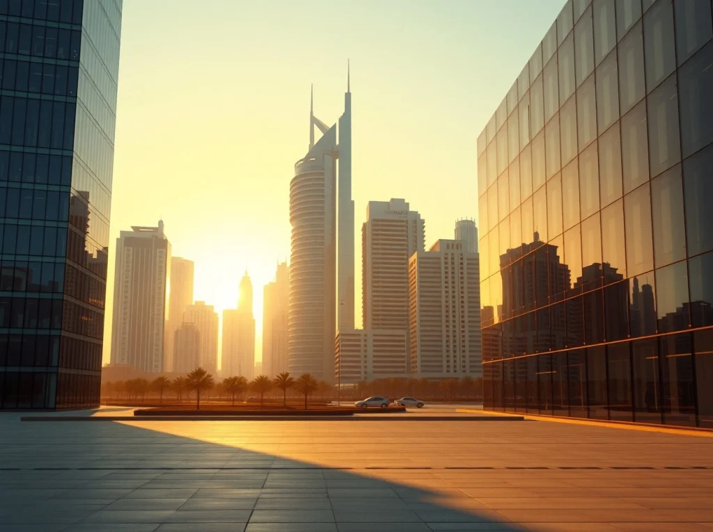 Modern Abu Dhabi skyline at golden hour representing financial district and digital asset expansion.