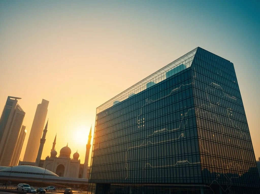Modern Abu Dhabi skyline at sunset with financial district buildings and subtle digital network motifs