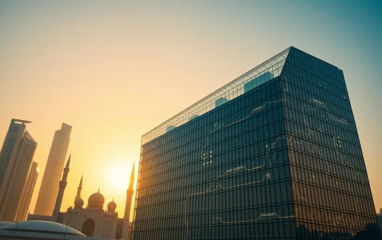 Modern Abu Dhabi skyline at sunset with financial district buildings and subtle digital network motifs