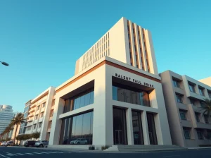 Modern bank building in a Middle Eastern financial district representing BNY's digital asset custody expansion into the UAE