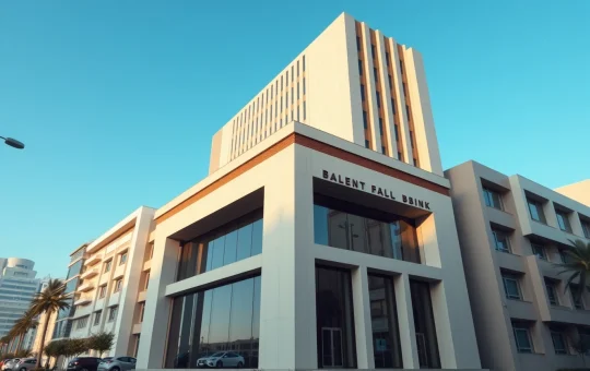 Modern bank building in a Middle Eastern financial district representing BNY's digital asset custody expansion into the UAE