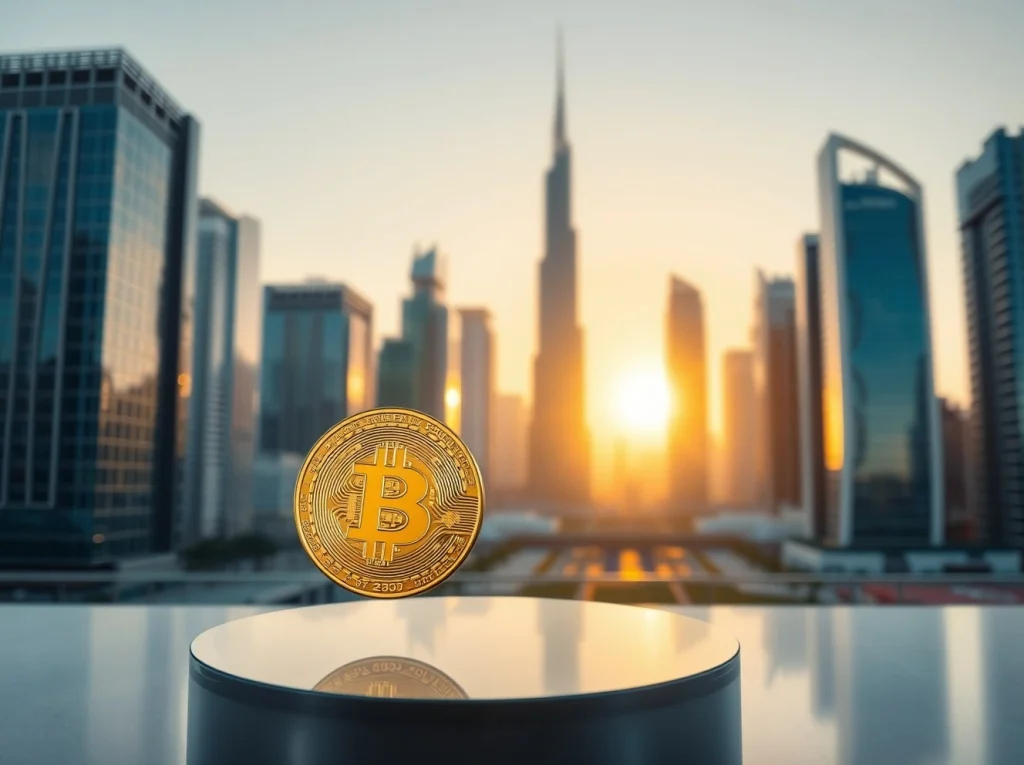 Digital Bitcoin and Ethereum coins in foreground with Abu Dhabi skyline at sunset