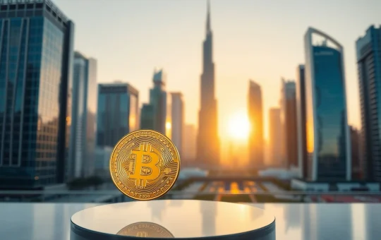 Digital Bitcoin and Ethereum coins in foreground with Abu Dhabi skyline at sunset
