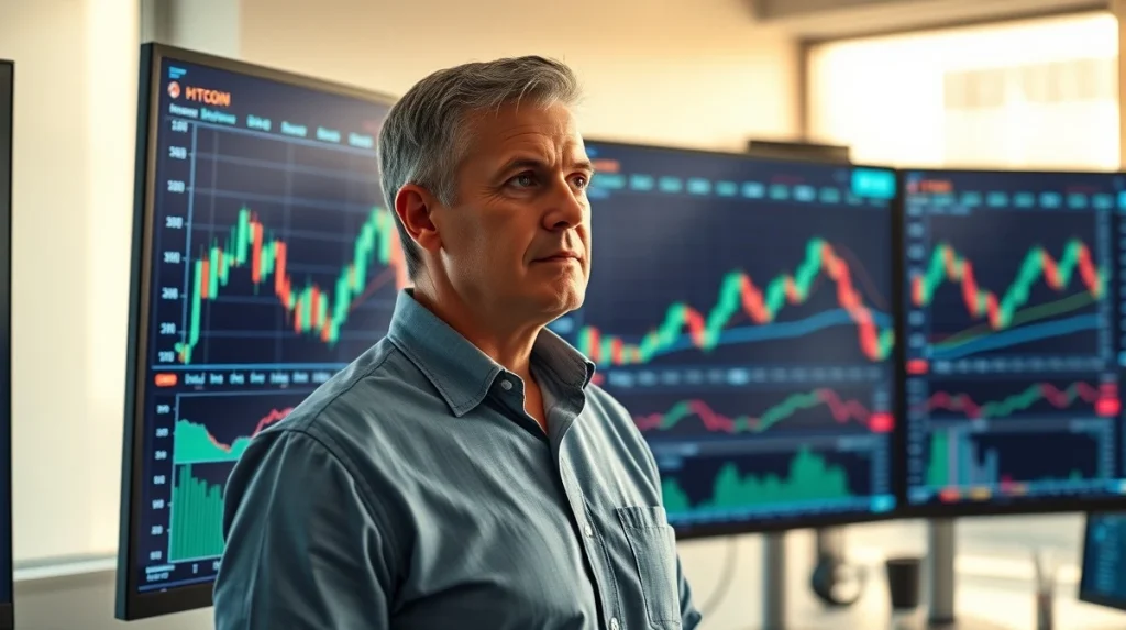 Trader analyzing Bitcoin price charts with Bollinger Bands in a modern trading office