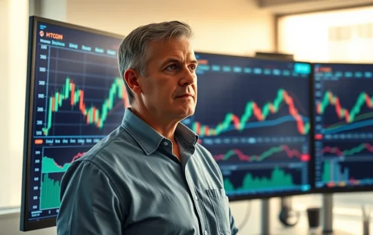 Trader analyzing Bitcoin price charts with Bollinger Bands in a modern trading office