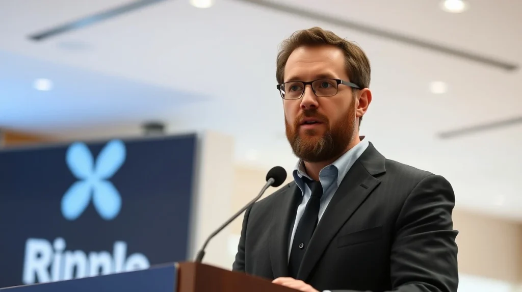 Brad Garlinghouse speaking at a press event, clarifying his role in the XRP community