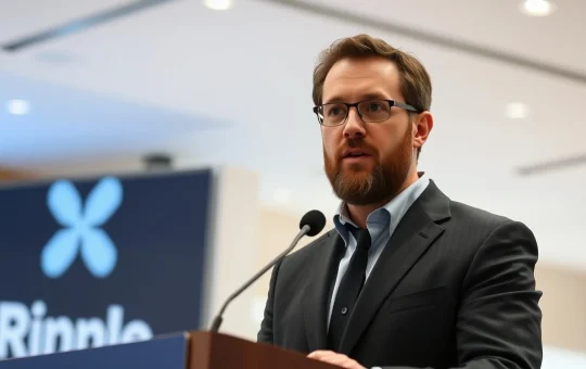 Brad Garlinghouse speaking at a press event, clarifying his role in the XRP community