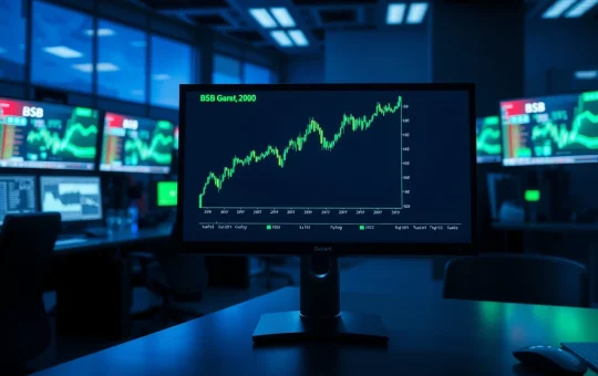 BSB token price chart showing a sharp upward rally on a digital trading monitor in a professional trading environment.