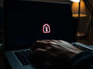 Close-up of a laptop keyboard with a red warning symbol overlay representing clipboard malware threat.