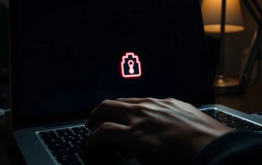 Close-up of a laptop keyboard with a red warning symbol overlay representing clipboard malware threat.