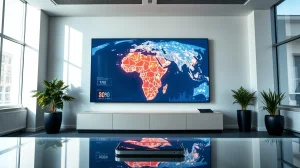 Digital screen showing a glowing map of Africa with mobile money transaction nodes in a modern Zurich fintech office.