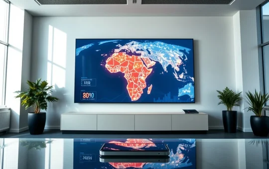 Digital screen showing a glowing map of Africa with mobile money transaction nodes in a modern Zurich fintech office.