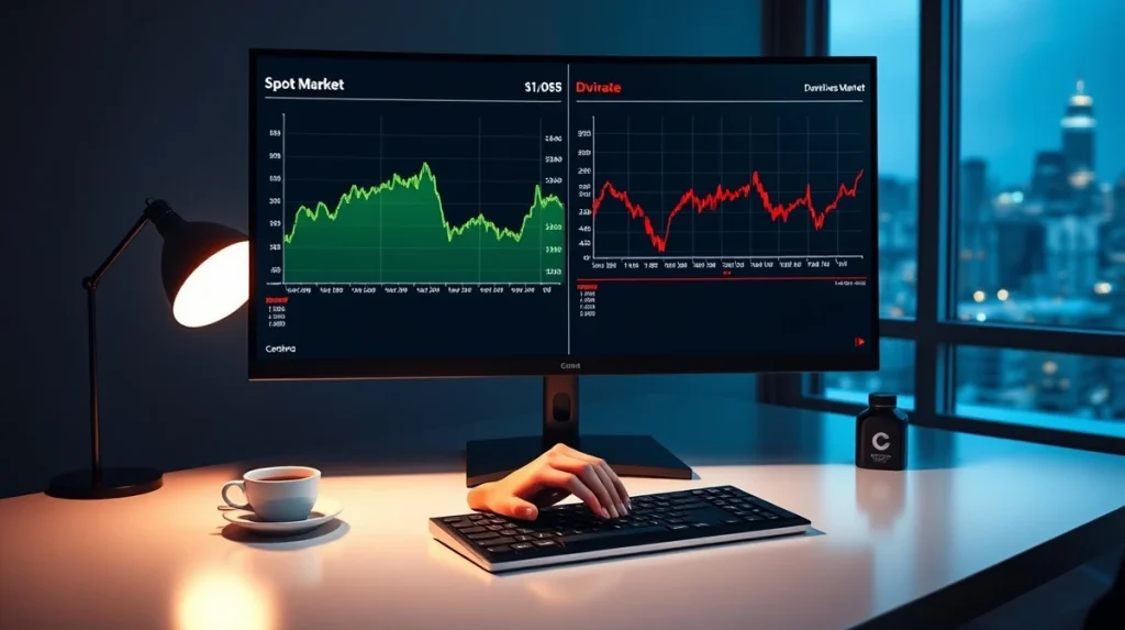 Trading monitor showing diverging spot and derivatives market charts for Cardano (ADA) with analytical data.