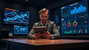 Cardano delegate representative reviewing blockchain governance data on a tablet in a control room