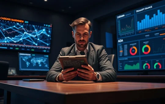 Cardano delegate representative reviewing blockchain governance data on a tablet in a control room