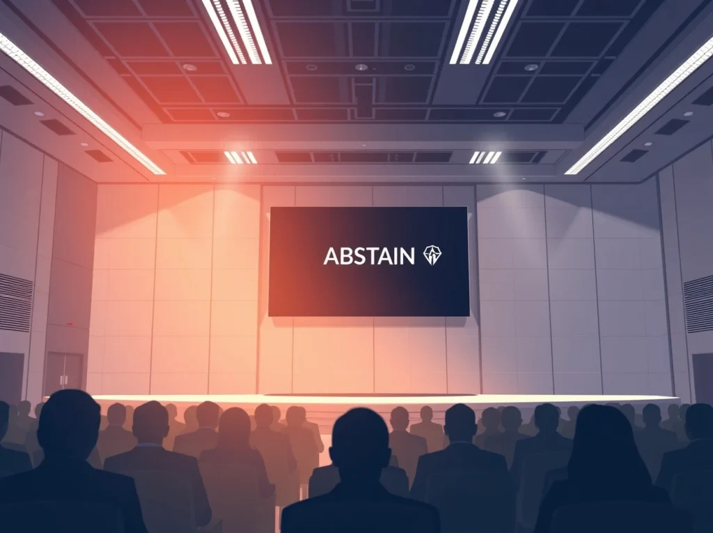 Conference hall with digital screen showing blockchain voting interface and Cardano logo