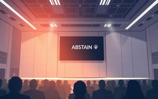 Conference hall with digital screen showing blockchain voting interface and Cardano logo