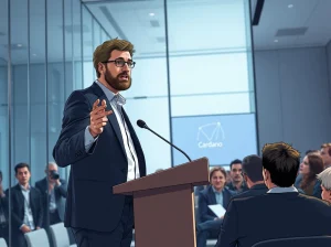 Cardano founder Charles Hoskinson defends blockchain scaling strategy and governance push at a press conference.