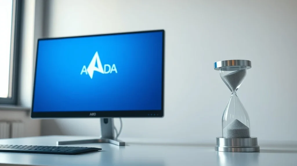 Cardano logo on monitor with hourglass symbolizing closing Pepeto presale window