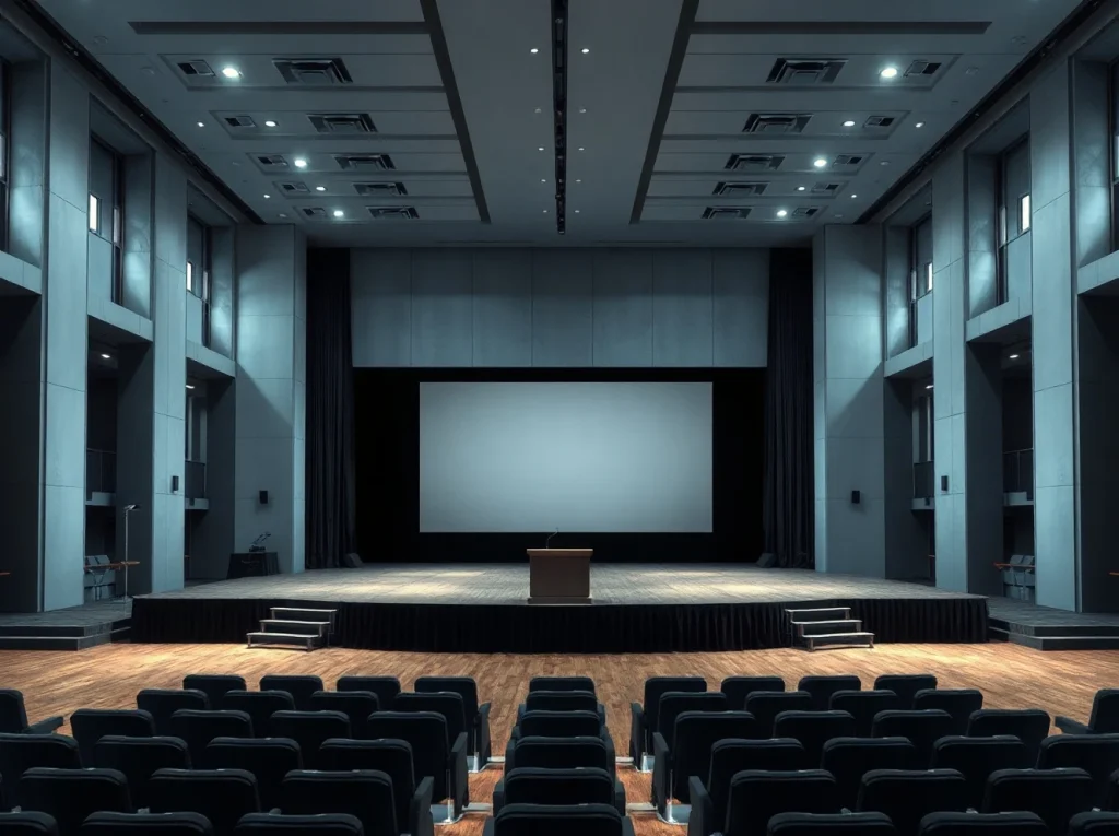 Empty stage at a Singapore convention center where the Cardano Summit 2026 may be cancelled.