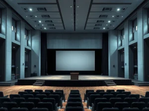 Empty stage at a Singapore convention center where the Cardano Summit 2026 may be cancelled.