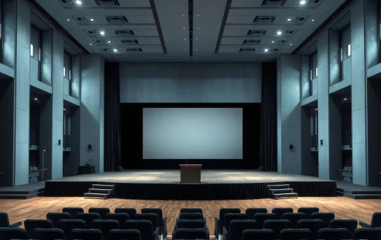Empty stage at a Singapore convention center where the Cardano Summit 2026 may be cancelled.