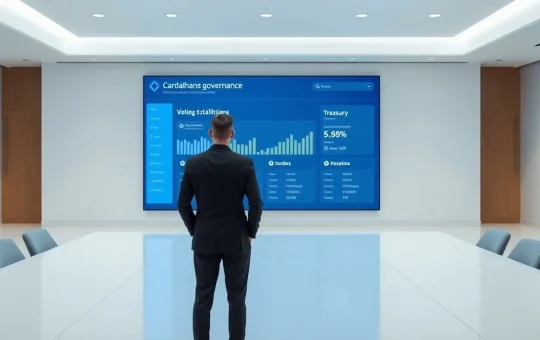 Person viewing Cardano governance dashboard with voting data on a large screen