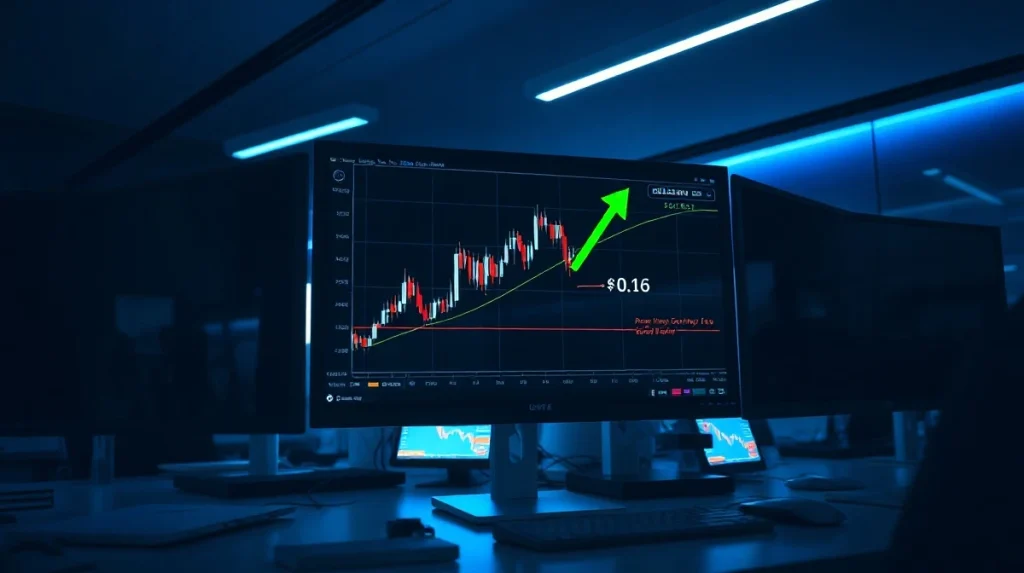 Cryptocurrency trading monitor showing CC price chart near $0.16 breakout level
