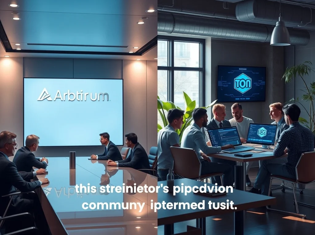 Side-by-side comparison of a formal corporate boardroom representing Arbitrum and a casual tech workspace representing TON, illustrating contrasting community perceptions of centralization.
