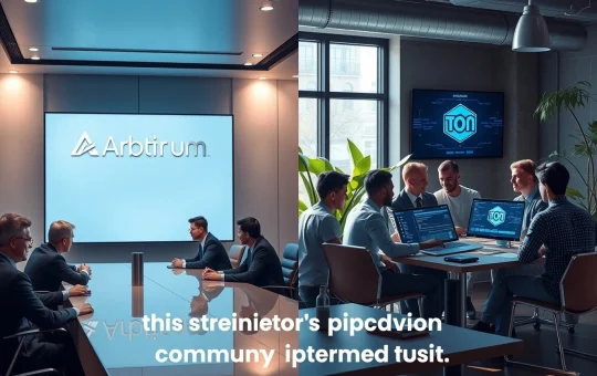 Side-by-side comparison of a formal corporate boardroom representing Arbitrum and a casual tech workspace representing TON, illustrating contrasting community perceptions of centralization.