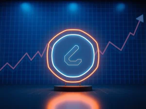 Chainlink cryptocurrency logo breaking above a price range on a digital market chart