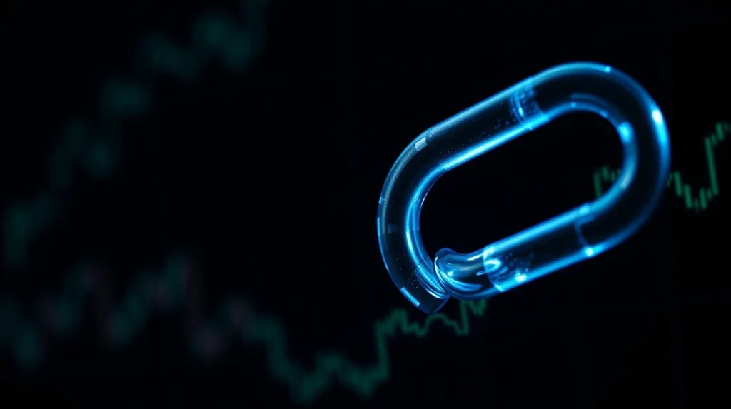 Close-up of a glowing blue Chainlink symbol against a dark financial chart background