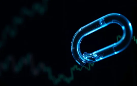 Close-up of a glowing blue Chainlink symbol against a dark financial chart background