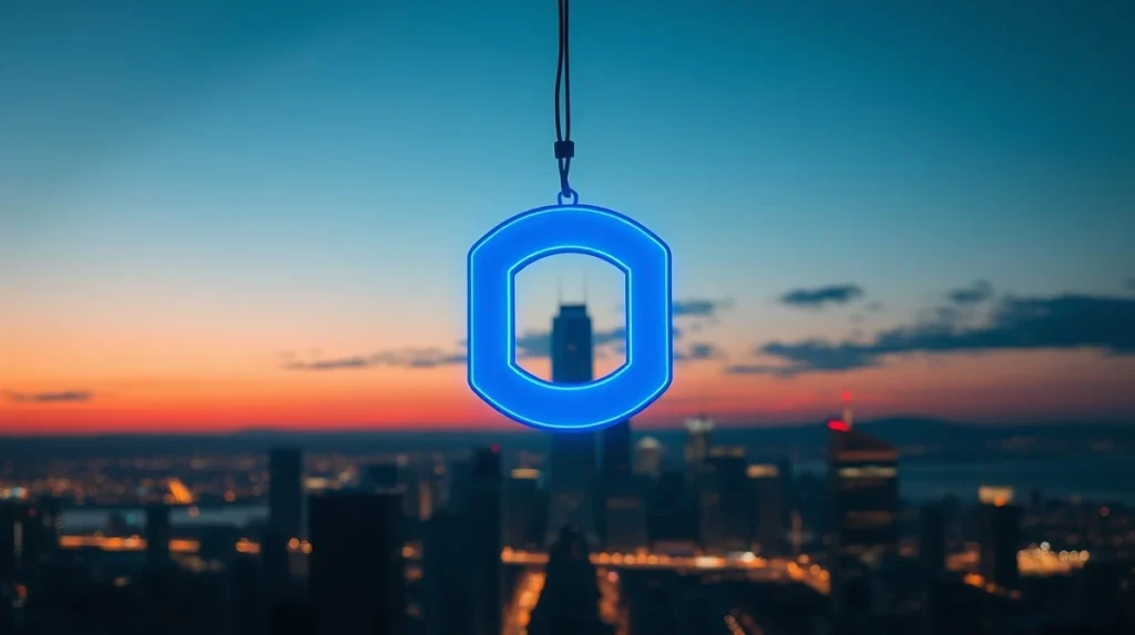 Glowing Chainlink symbol above a dark city skyline at twilight, representing cryptocurrency market analysis.
