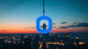 Glowing Chainlink symbol above a dark city skyline at twilight, representing cryptocurrency market analysis.