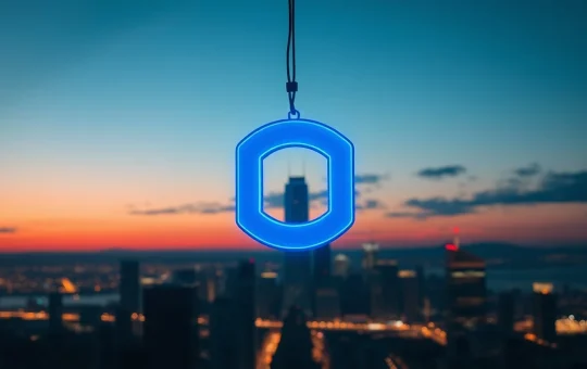 Glowing Chainlink symbol above a dark city skyline at twilight, representing cryptocurrency market analysis.
