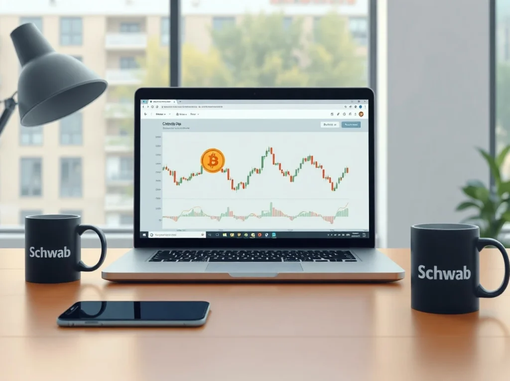 Professional trading desk with laptop showing Bitcoin and stock charts, representing Charles Schwab's new crypto trading service.