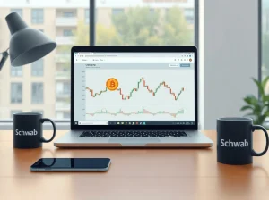 Professional trading desk with laptop showing Bitcoin and stock charts, representing Charles Schwab's new crypto trading service.