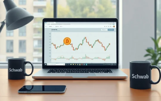 Professional trading desk with laptop showing Bitcoin and stock charts, representing Charles Schwab's new crypto trading service.