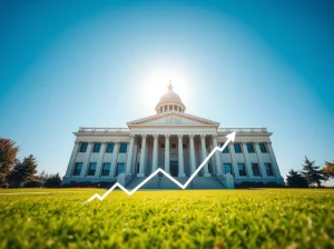 Government building with digital blockchain overlay representing crypto regulation and market growth.